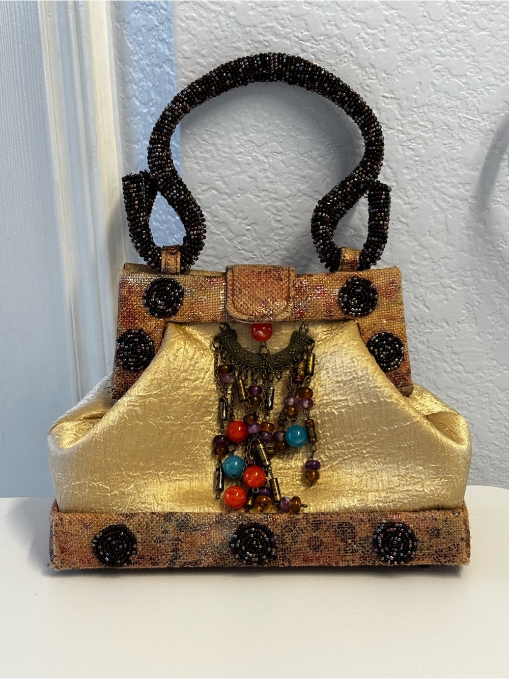 Vintage Mary Frances Style Gold Beaded Fringe Evening Satchel Crossbody Purse